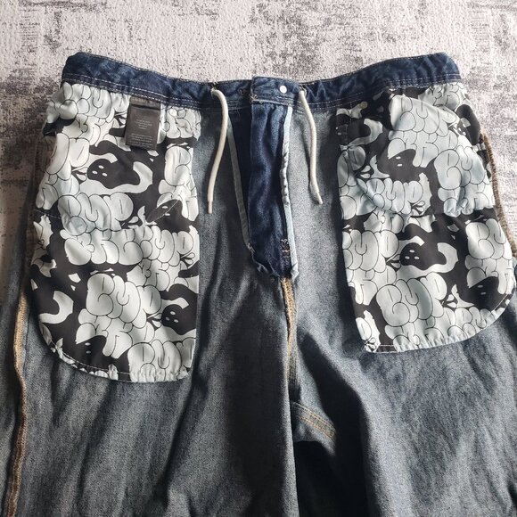 EMPYRE Phat Wide Leg Oversize Skate Y2K Rave Dark Blue Denim Jean Shorts - Picture 4 of 13